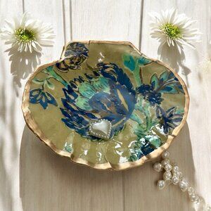 Handmade Decoupage Scallop Shell Trinket Art Deco Flower Pearl Heart